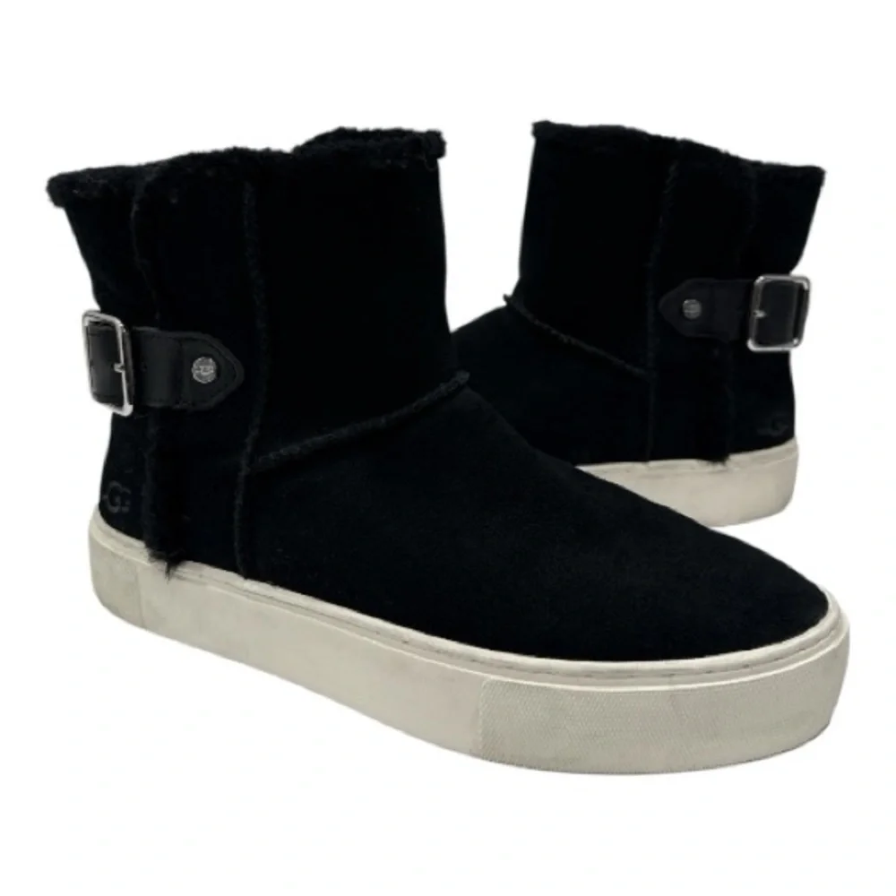 UGG Aika Mid-Height Flat Boots Black Genuine Suede Booties Fur Lining Size 6.5
